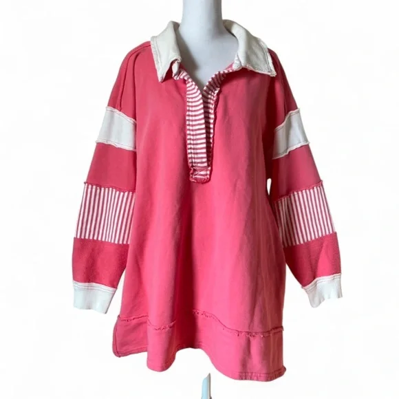 Free People We The Free Clean Prep Pink Long Sleeve Oversized Polo size Small - Picture 2 of 10